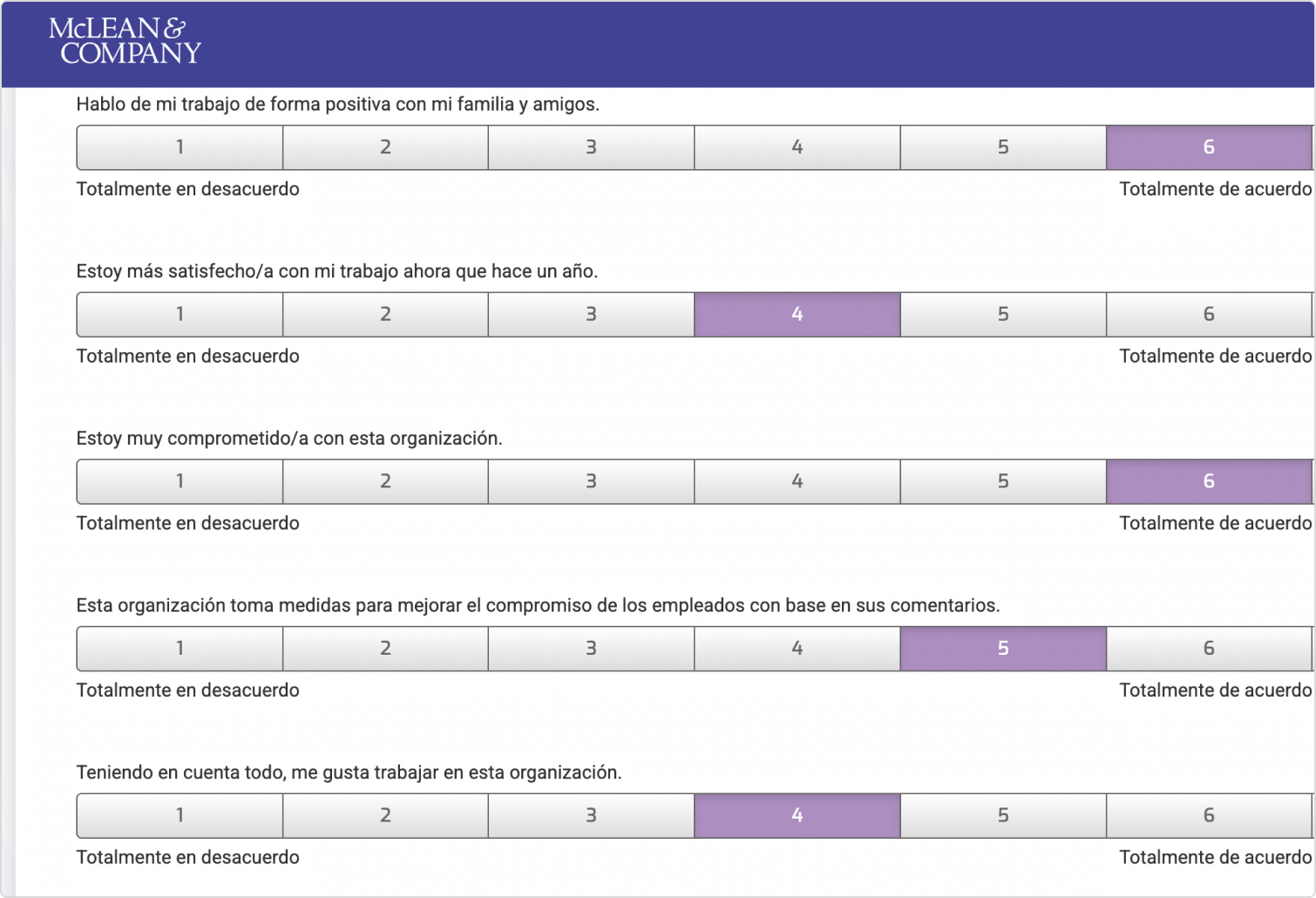 An engagement survey presented in Spanish, showing the multilingual survey options