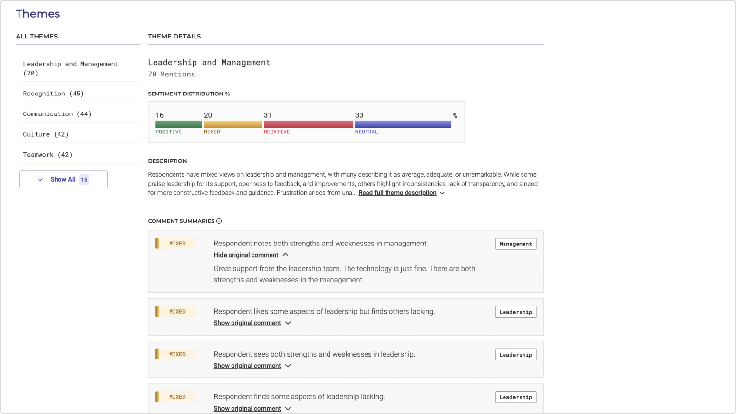 Text analysis themes dashboard showing theme details, sentiment distribution, and comment summaries